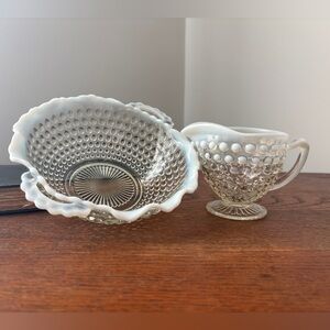 Vintage Hobnail Creamer and Candy Bowl Moonstone Opalescent Ruffle Cottagecore